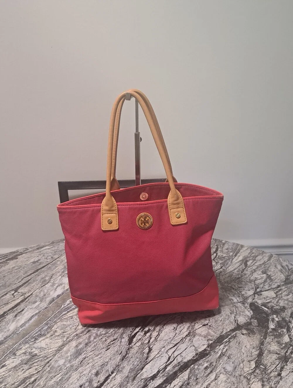 Tory Burch Red Canvas Tote with Tan Leather Handles